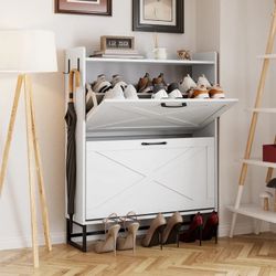 Shoe Storage Cabinet for Entryway with 2 Flip Drawers, Freestanding Organizer
