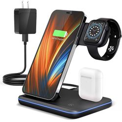 Wireless Charging Station, 2021 Upgraded 3 in 1 Wireless Charger Stand with Breathing Indicator Compatible with iPhone 12/11 Pro/XS/XR/8, Watch 6/SE/5