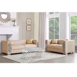 Cream Faux Leather Fabric with Chrome Trim Sofa Loveseat Set $1,000 Chair $440  Brand New In Box Firm Price 