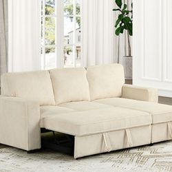 Brand New Beige Plush  Corduroy Sectional Sofa Storage Sleeper