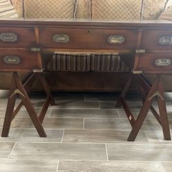 1960's British Paduck Wood Campaign Desk with Brass Hardware and Leather Top