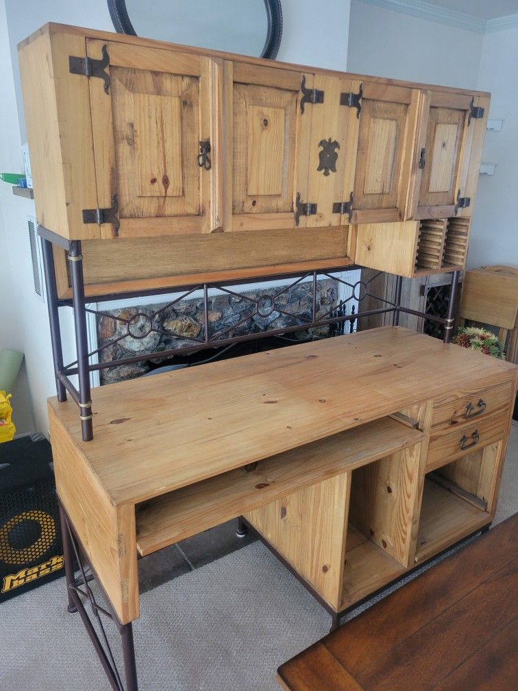 Rustic Mexican Pine Computer Desk Set With Bookcase & 2 File Cabinets 4pcs