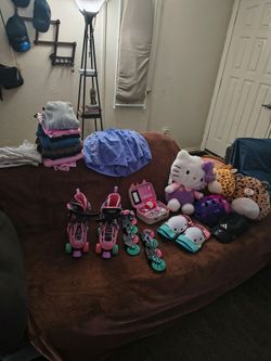 Girls clothes for 8 year old and maybe 10year old ,roller skates size 3-6 knee pads helmet, plushies , toy make-up kit