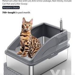 Stainless Steel Litter Box, Extra Large Litter Boxes for Big Cats, XL Metal Cat Litter Box with Lid, Anti-Urine Leakage, Non-Sticky, Include Cat Mat a