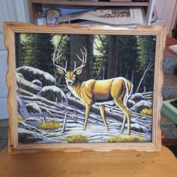 VINTAGE HAND-PAINTED DEER IN FOREST ON VELVET