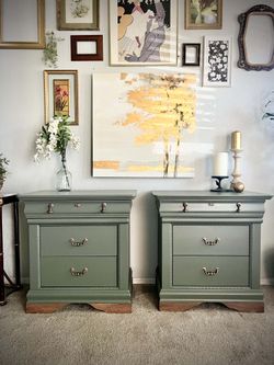 Refurbished Johnston/Tombigbee Nightstands with Sage green, gold gilded hardware, and walnut base.
