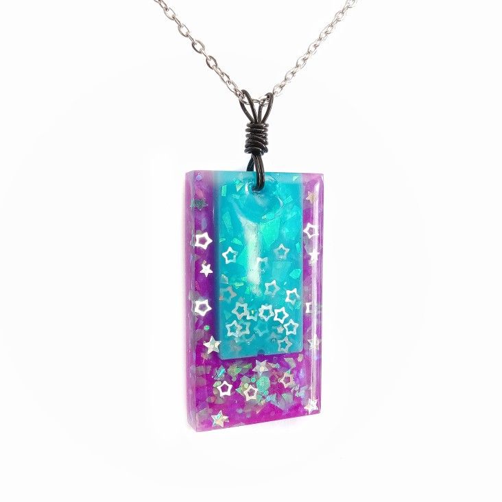 Purple Blue Star Glitter Bar Pendant On Silver Necklace NEW