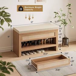 🥨32” Shoe Bench with Storage Drawer, Farmhouse Entryway Bench with Linen Seat Cushion, Wooden Shoe Rack with Shelf for Entryway Hallway Living Room B