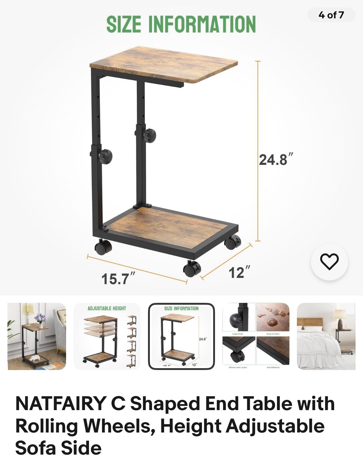 NATFAIRY C Shaped End Table with Rolling Wheels, 