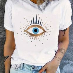 White T-Shirt Eye Print With Gold And Blue Design For Beach Casual Wear. Size: L