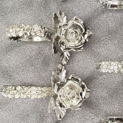 Vintage Princess House Silver Tone Rose Napkin Rings/Place Card Holders