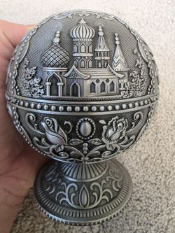 TXX Vintage Silver Tone Russian Cathedral Ornate Pedestal Ashtray with Lid