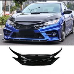 Fits 16-21 Civic 10th Gen IKON Front Hood Mesh Grille Eyebrows - Gloss Black ABS