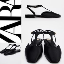 ZARA NWT BLACK SATIN EFFECT mary jane–style T-strap FLAT SHOES SIZE 7.5