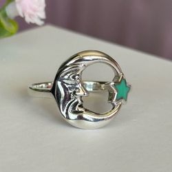 Moon With blue star 925 Sterling silver ring 💍 Size 8