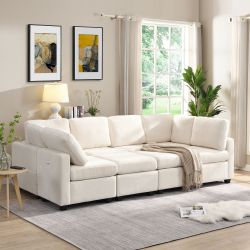 103 Sectional Sofa Couch Sofa Bed U-shaped Sofa with Two Movable Ottoman and Three USB Ports for Living Room, Beige