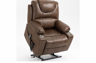 180 Degrees Lay Flat Lift Recliner with Massage and Heat, Cup Holder, 400 Ib Capacity Recliner for Big and Tall Men, Lazyboy Sleeping (Brown Leather)