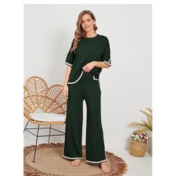 Olive Green Tanming Sweater Sets Women 2 Piece Lounge Sets Short Sleeve Knit Pullover Tops Wide Leg Pants