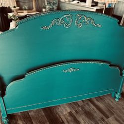 Antique Peacock Teal Full Size Bed W/ Side Rails 