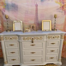 Beautiful French Glam Style Wooden Dresser Set Including Oversized Long Dresser And Two Oversized Nightstands And Gold Metallic Mirror Set Has Been Re