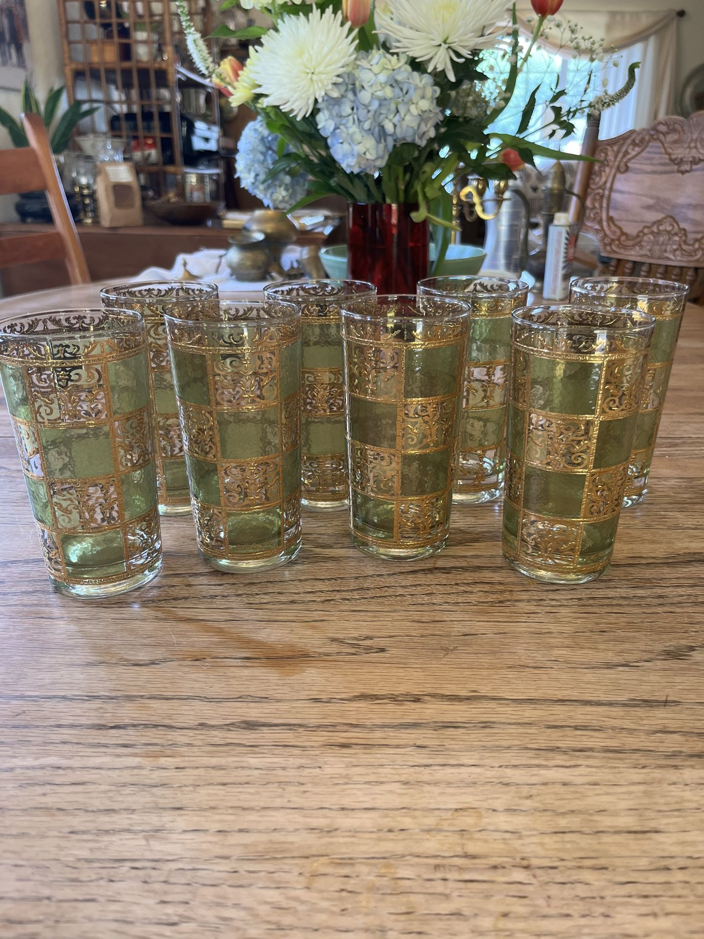 MCM Culver Prado Green and Gold Drinking Glasses Set Of 8