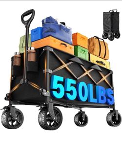 40" Extra Large Collapsible Wagon Cart 550 lbs Capacity Big Wheels for Cramping, Folds to 0.65 cu ft (1/10 of expanded size); quiet 360° big wheels; 6