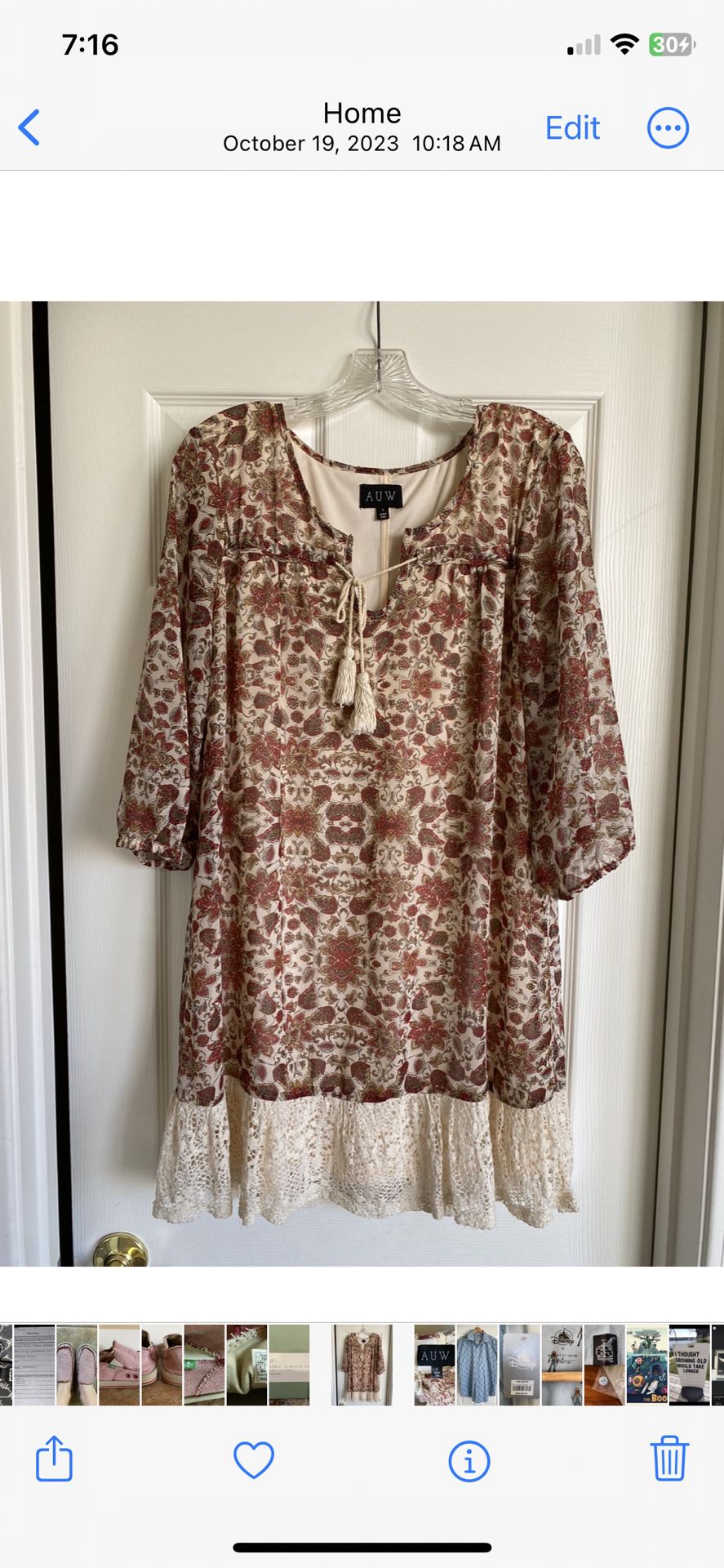 👗 Like-New Boho Floral Lace Tunic Lined Brown Orange Tie Neck Peasant Dress
