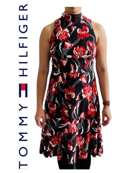 Tommy Hilfiger Floral A-Line Halter Mock-neck midi-dress black-red-white Sz 8