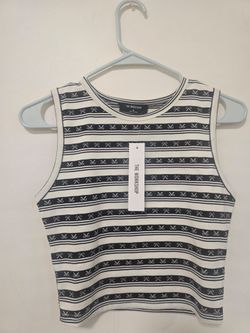 The Workshop Striped Bow Print High Neck Knit Crop TopThe Workshop Women's Sleeveless Bow Graphic Crop TankNavy and Off-White Nautical Bow Stripe Knit