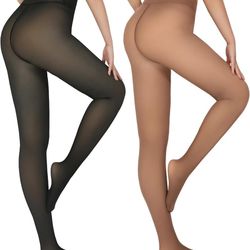 2 Pairs Fleece Lined Tights Women-Thermal Pantyhose leggings Women,Fake Translucent Skin Colored Tights for Winter