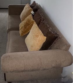 Traditional Tan Loveseat w/ Decorative Wood Trim