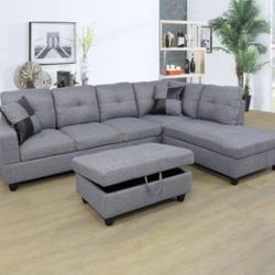 Brand New Grey Linen Sectional Sofa With Storage Ottoman 