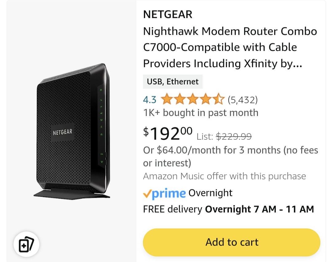Netgear Nighthawk Modem Router Combo C7000 (Xfinity compatible) + Tplink Powerline Wifi Extender 