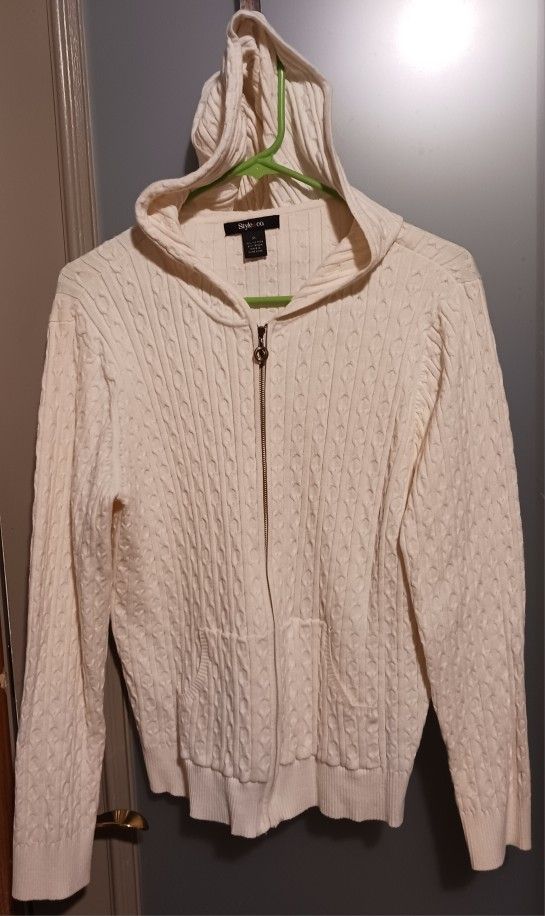 SUPER NICE WOMEN'S STYLE & CO. BRAND ZIP UP CARDIGAN WITH HOOD, SIZE XL, CREME COLOR