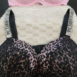 2 Victoria Secret Bras Leopard Print, Pink 34DD