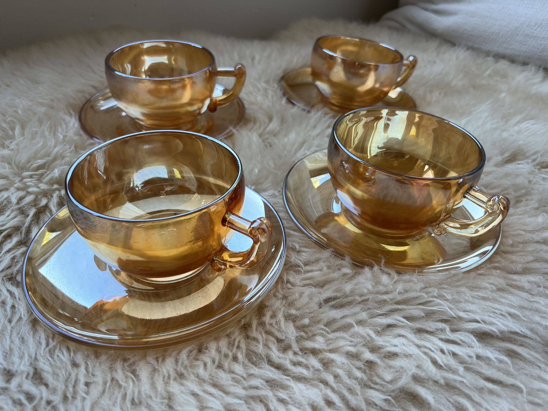 Antique Glass Set Of Four Teacups With Plate