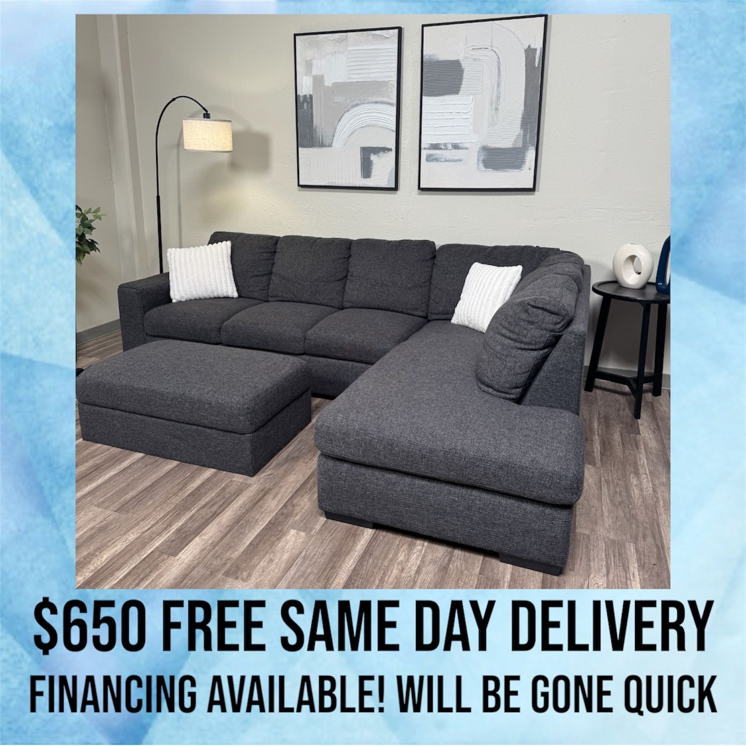 FREE DELIVERY Gray Sectional Couch Sofa With Storage Ottoman Grey
