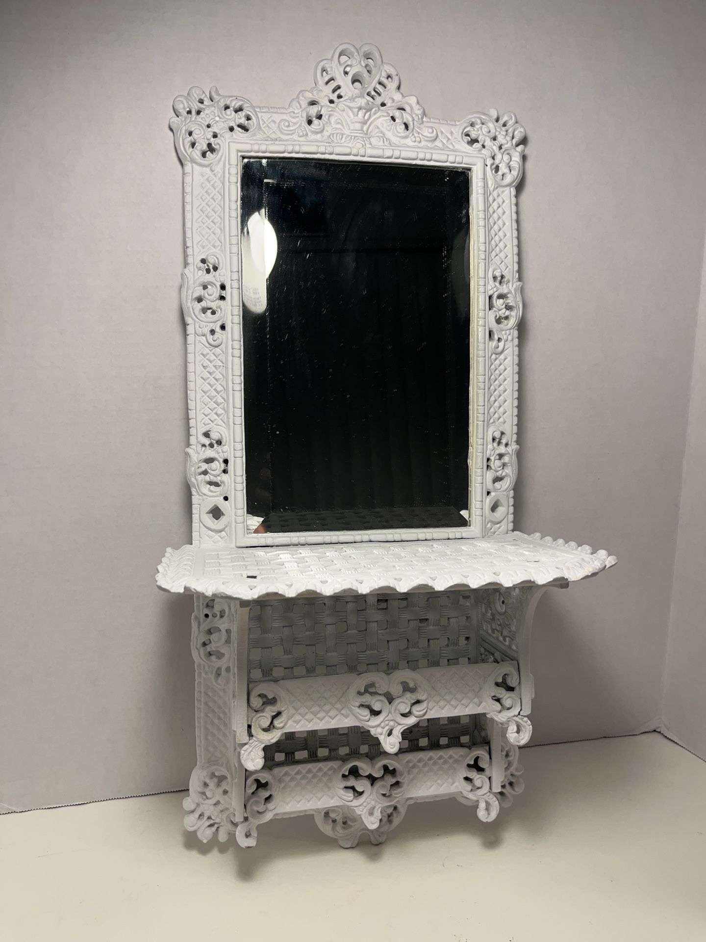 Antique French Provoncial Cast Iron Wall Shelf Beveled Glass Shaving Mirror 23"