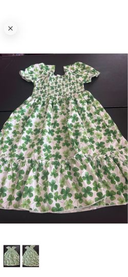 Girls' White & Green Clover Print Smocked Dress