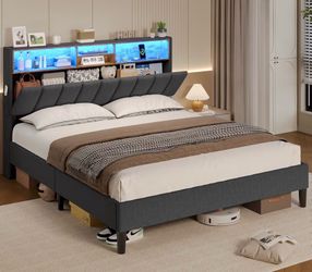 LED Bed With Headboard Compartment, Brown Wood Accents And Shelving.