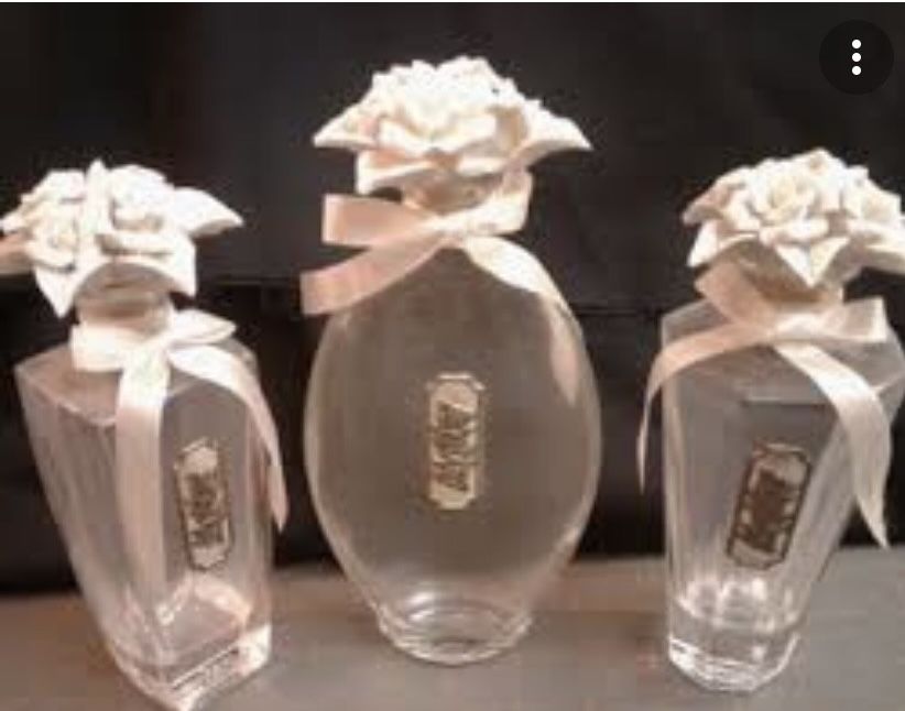 3 Vintage Kefla Depose Cellini Perfume Bottles w Porcelain Rose Stoppers.