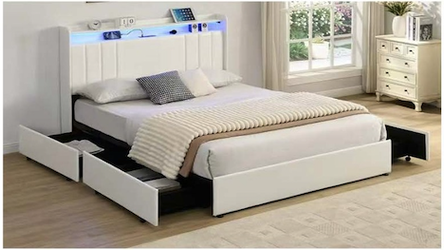4528 New Queen White Storage Bed Frame with LED Lights & Power Charging Station