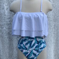 New Temp Me Two Piece Ruffle Top With Full Bottom Coverage Swimwear 