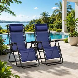 New Navy Blue Zero Gravity Outdoor Chairs with Cup Holder, set of 2