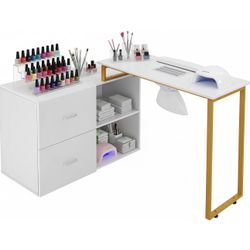 HICOMONY Nail Desk, L Shape Manicure Table for Nail Tech, w/Dust Collector, Wrist Cushion, Acetone Resistant Top,Drawers and Shelves for Home Spa Nail