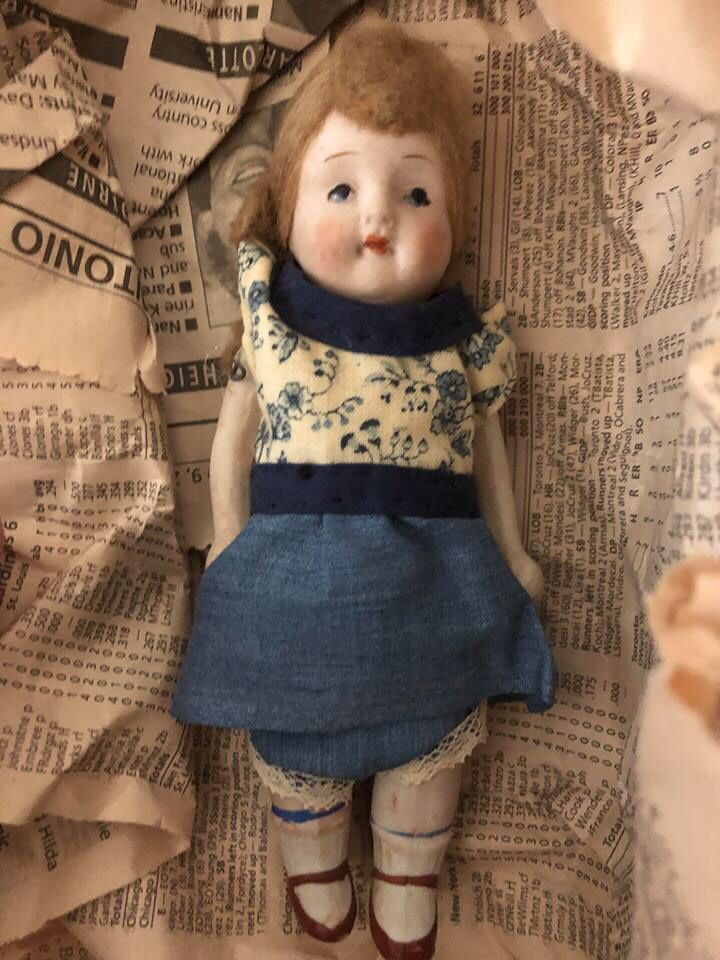 Old Antique Bisque Porcelain Doll in Original Outfit , Hand Painted , Metal Arms