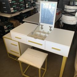 Vanity with Hidden Mirror, White and Gold Desks with Chair