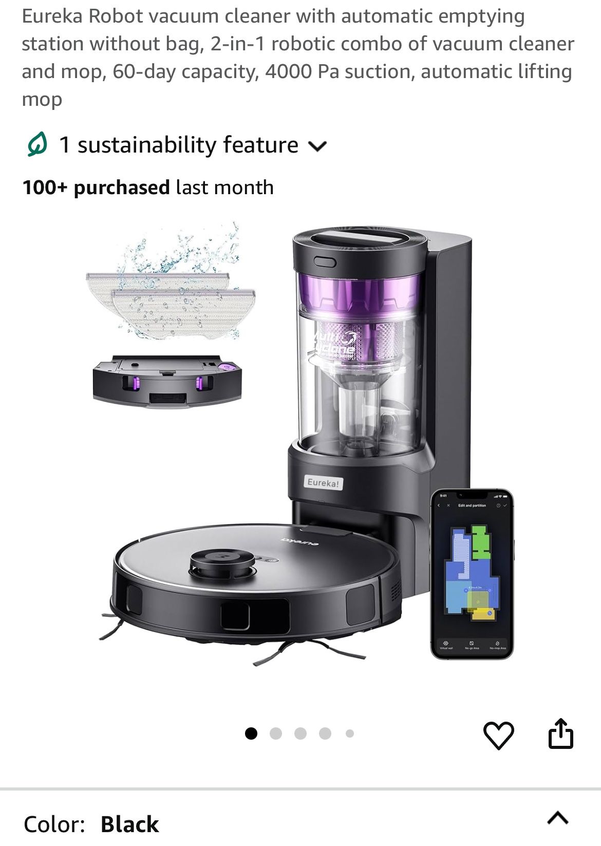 Eureka Robot vacuum cleaner with automatic emptying station without bag, 2-in-1 robotic combo of vacuum cleaner and mop, 60-day capacity, 4000 Pa suct