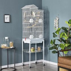 62.5in White bird cage roof top bird cage accessories included