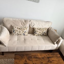 Modern Beige Sofa + Ottoman with Pillows